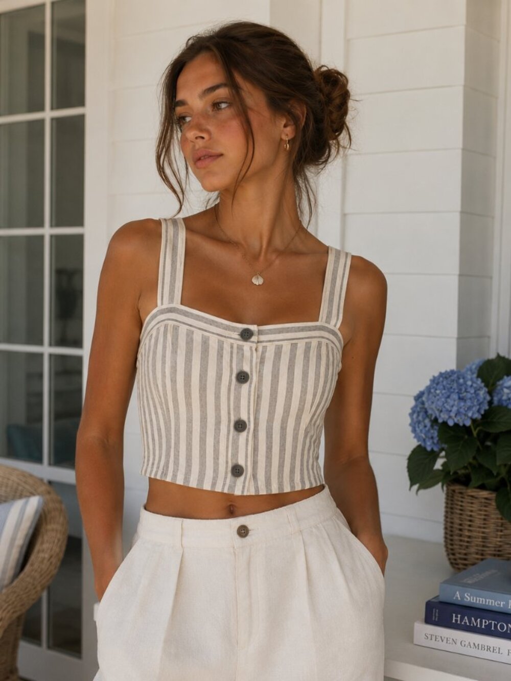 Free People Striped Crop Top Button Front XS Linen Blend Tank Boho